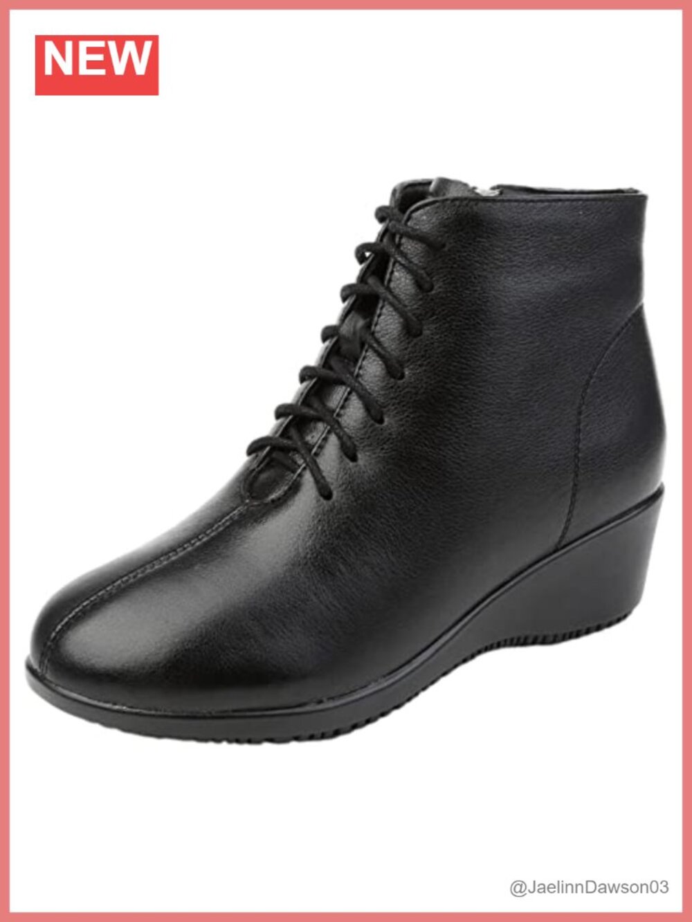 Genuine Leather Lace Up Ankle Boots with Wedge Heel and Plush Lining
